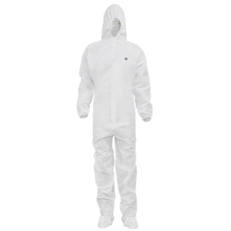 Ge Disposable Coverallss, Hooded, S, Microporous Material, Elastic Wrist, Attached Boots Ankle, White GW903S